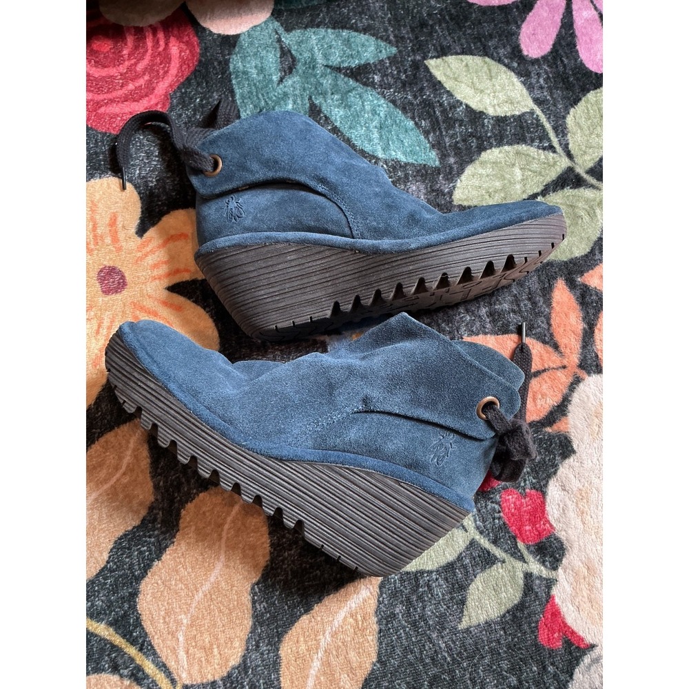 Fly London Women's Yama Blue Suede Back Tie Wedge Ankle Bootie Size EU 38 US 6